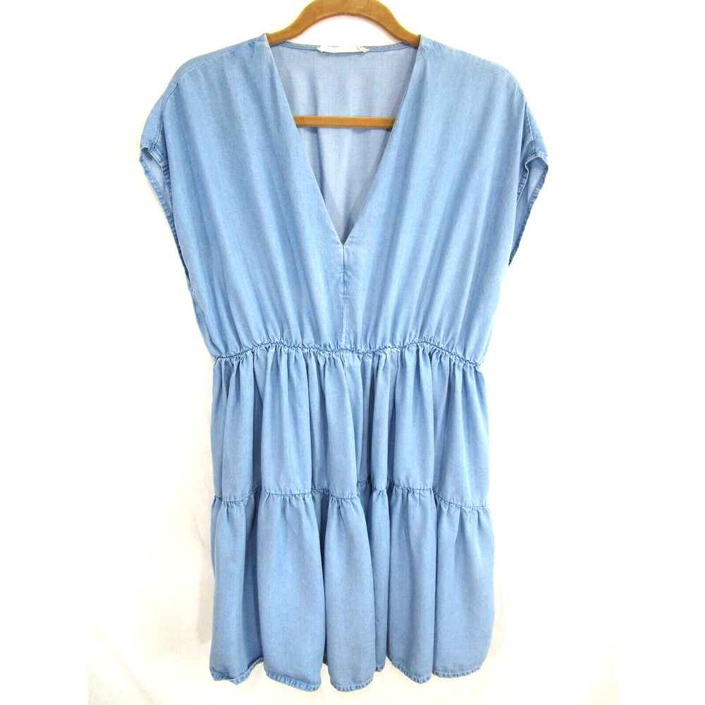 MNG Mango Blue Denim Chambray V Neck Tiered Knee Length Skirt Dress Women Sz XL